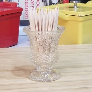 Vintage Daisy And Button Pattern Cut Clear Glass Toothpick‎ Holder 2.5"